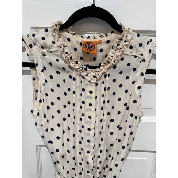 Tory Burch Graham Silk Dress - Tapioca Monde Polka Dot Ruffle Navy Cream Sz 2 - Picture 7 of 9